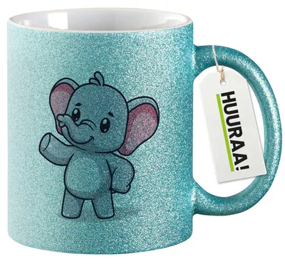 Produktbild von Huuraa Glitzertasse Elefant Comic 330ml Blau Keramik Kaffeebecher Geschenkidee