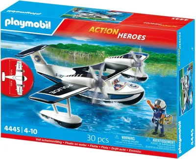 A Playmobil police seaplane toy set box, showing the seaplane in action on water with a police figure.
