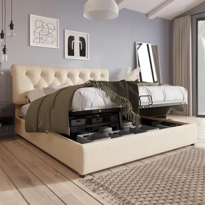 Produktbild von Modernes Polsterbett mit verstellbarem Kopfteil, Stauraum und stabilem Metall-Lattenrost, ohne Matratze – Doppelbett 140x200 cm