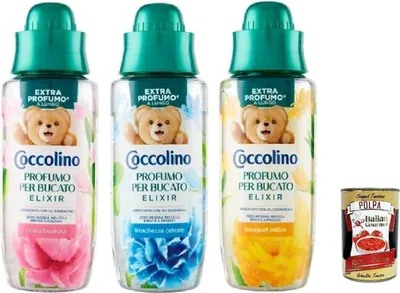 Produktbild von Testpaket Coccolino Profumo per Bucato Elixir - Flüssiges Parfüm für die Wäsche - Flüssiges Wäsche Deodorant 3 x 342ml + Italian Gourmet polpa 400g