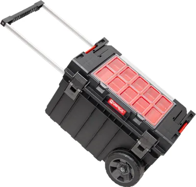 A black rolling tool box with red compartments on top, shown at an angle against a white background.