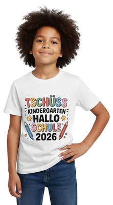Produktbild von Spreadshirt Tschüss Kindergarten Hallo Schule 2026 Kinder T-Shirt, 122/128 (7-8 Jahre), Weiß