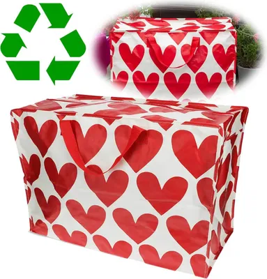 Produktbild von LS-LebenStil XXL Jumbo Bag Herzen ️ Rot Weiß 55cm ️ Recycled faltbar Einkaufstasche Unterbettkommode Aufbewahrungstasche Kleidung Bettdecken Kissen