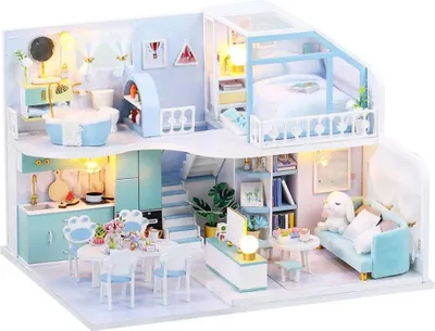 Image de Habarri | Maison Miniature - DIY Maison de Poupées - Maison en Bois avec Meubles et éclairage LED - Cadeau pour Enfants - Ciel Bleu