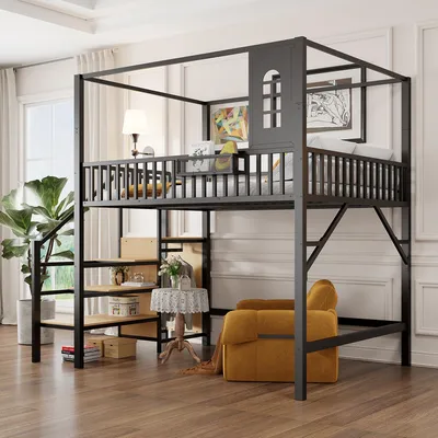 Produktbild von Flieks Etagenbett 140x200cm mit Kleiderstange, Hochbett Metallbett mit Treppe und Ablagen, Kinderbett Doppelbett mit Fenster und Staufach, Schwarz