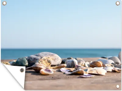 Produktbild von MuchoWow® 120x90 cm Outdoor-Poster Gartendeko Sichtschutz Garten Poster für den Garten  Muscheln - Strand - Meer - Sommer - Sonne