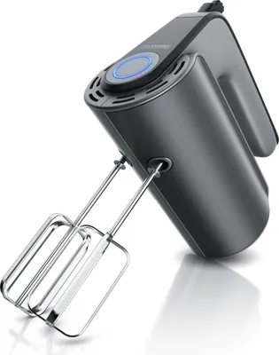 A gray hand mixer with silver beaters is shown against a white background.