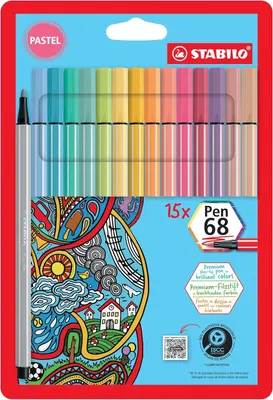 Produktbild von STABILO Pen 68 Filzstift, 15er Set Pastelltöne, 1 mm Rundspitze, austrocknungssicher