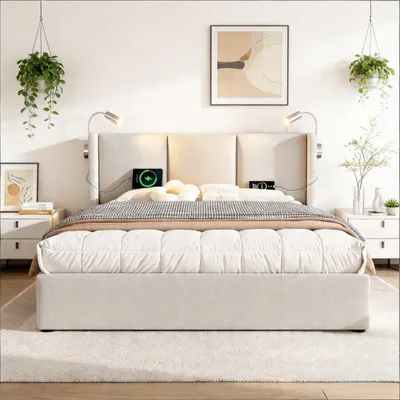 Immagine prodotto di Letto con boxspring 160x200, letto matrimoniale con spazio contenitore, USB e luce LED per la lettura, struttura letto con rete a molle e contenitore, letto imbottito senza materasso