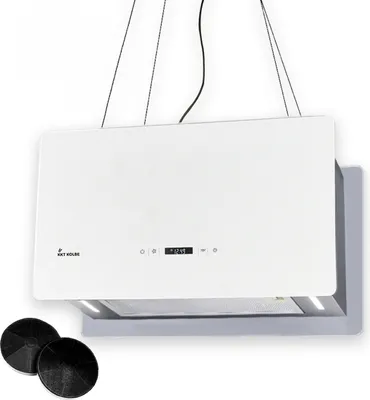 Produktbild von KKT KOLBE | Dunstabzugshaube 60 cm Umluft | Inselhaube freihängend | Deckenmontage | Edelstahl | Weißes Glas | SensorTouch Bedienung | Aktivkohlefilter | CUBE60W