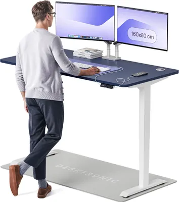 Produktbild von Desktronic HomePro Elektrisch höhenverstellbarer Schreibtisch 160x80cm Weiß/Blau mit Memory-Funktion, Anti-Kollisions Technologie, USB-A und USB-C-Ladeanschlüssen
