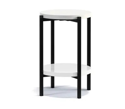 Produktbild von Runder Couchtisch Sampi 44 cm weiß hochglanz mit Regal – Moderner Beistelltisch im eleganten Design mit Metallgestell und zusätzlicher Ablagefläche