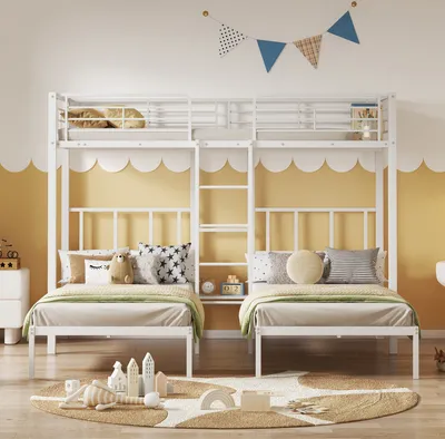 A children's bedroom with a white bunk bed, decorated with colorful flags and stuffed animals.