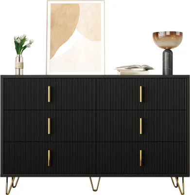 Produktbild von MODFU Kommode Sideboard mit Schubladen, Schrank Buffet goldene Griffe für Wohnzimmer, Schlafzimmer, Kinderzimmer, Jugendzimmer und Büro, Schwarz
