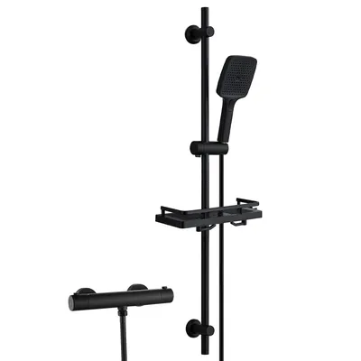 Produktbild von JOHO Edelstahl Duschsystem mit Duscharmatur, Brausestange Set mit Thermostat, Handbrause, Schlauch, Duschstange 100 cm mit Duschablage, Schwarz