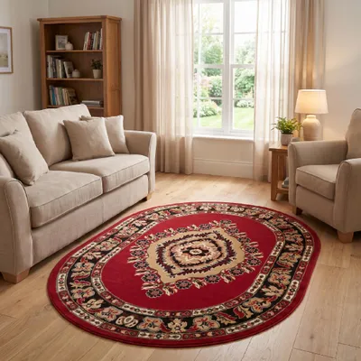 Immagine prodotto di Tappeto Tapiso modello ATLAS, forma ovale, motivo a medaglione, classico, nei colori rosso e beige, ideale per il soggiorno, dimensioni 180 x 250 cm