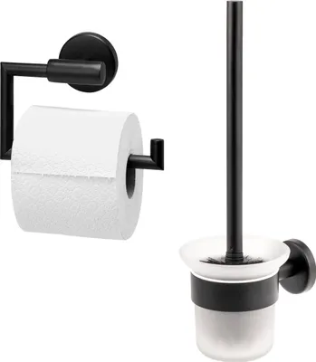 Obrázok produktu pre bremermann kúpeľňová séria PIAZZA BLACK - kúpeľňová súprava 2 ks 1x držiak na toaletný papier a 1x WC súprava, čierna nerezová oceľ