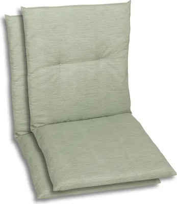 Two light green chair cushions are stacked on top of each other against a white background.
