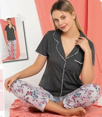 Produktbild von Damen Pyjama Schlafanzug Grau S Kurz Viskose mit Knöpfen 2 Teiler S-91