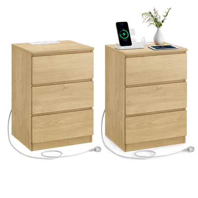 Produktbild von VASAGLE Nachttisch, 2er Set, Beistelltisch, 3 Schubladen, abgeschrägte Kante, 2 AC-Steckdosen, 2 USB-Anschlüsse