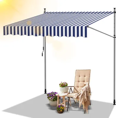 Produktbild von Faziango Markise Klemmmarkise Balkonmarkise Blau Weiß mit Handkurbel ohne Bohren Sonnenschutz UV-Schutz und wasserfestund höhenverstellbar 250cm
