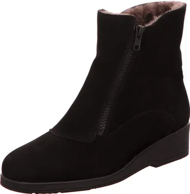 A black suede boot with a zipper closure and fur lining, presented on a white background.