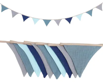 Image de Guirlande de fanions en tissu, pour chambre d'enfant, bleu et gris, en mousseline de coton, 306 cm