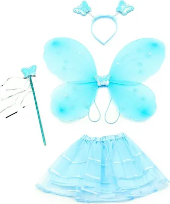 Immagine prodotto di Costume da fata magica per bambini blu - ali di fata farfalla capelli cerchio magico bacchetta