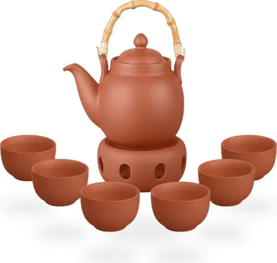 Produktbild von Tenno Teeservice / Teeset / Ton Teekanne mit Sieb 1,1 liter, Stövchen und 6 Tassen je 130ml, handgefertigt