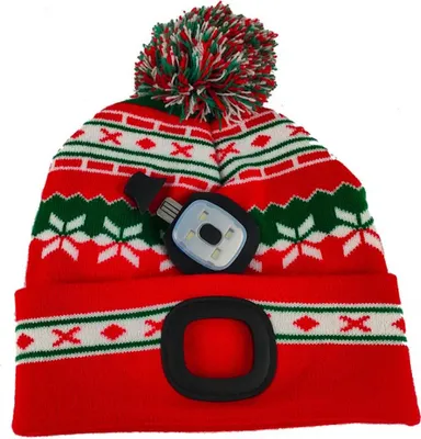 Produktbild von Weihnachtsmütze mit LED-Licht (4x SMD LED / 60 Lumen) und Plüsch-Bommel | Wiederaufladbar via USB | Farbe: weiß/rot/grün | Größe: L | 10 Stück