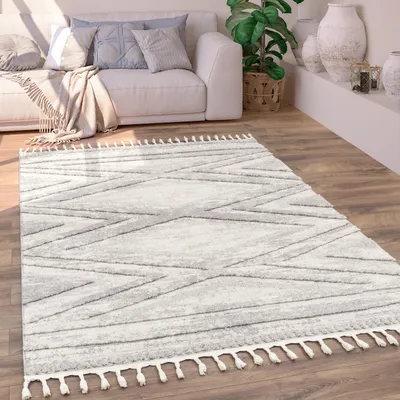 Immagine prodotto di Tappeto soggiorno a pelo corto Boho Etnico Scandinavo Motivo a rombi 3D Frange Dimensioni 200x290 cm