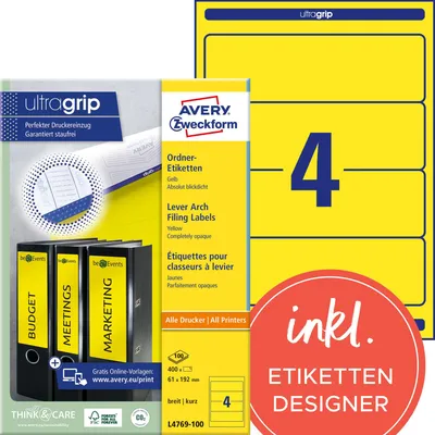 Zdjęcie produktu dla Avery L4769-100, Żółty, Samoprzylepne etykiety do drukowania, A4, Papier, Laser/Atrament, Na stałe