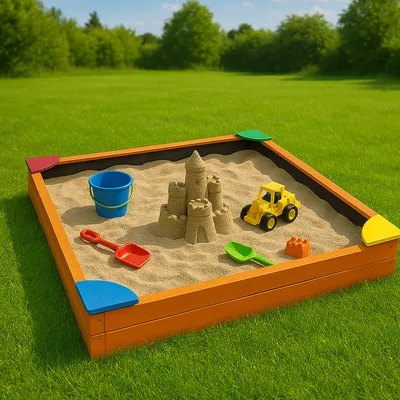 Produktbild von Sandkasten 90x90x16cm, 4 farbige Sitzecken, Tannenholz natur, Sandkiste inkl. Abdeckung & Bodenplane