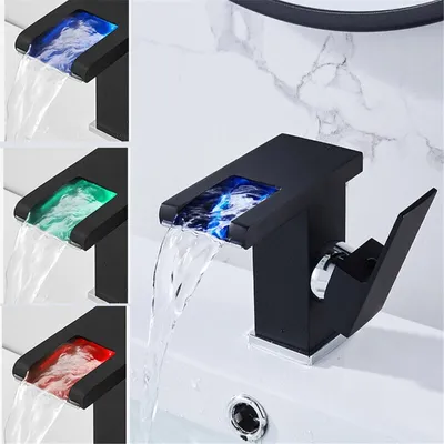 A collage of images showing a black waterfall faucet with LED lights in blue, green, and red, and a close-up of the faucet with blue LED lights.