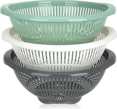 Image de Ensemble de 3 passoirs de cuisine Famanu - Ronds, avec base et poignées - Gris/Crème/Vert