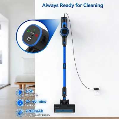 Obrázek produktu pro Akumulátorový vysavač – tyčový vysavač – V50 – motor 200 W – výdrž 40 minut – filtr HEPA – nádoba na prach 0,6–1 l – zástrčka EU – modrý