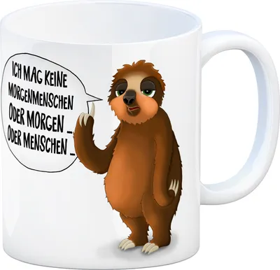 Produktbild von Kaffeebecher mit Faultier Motiv und Spruch: Ich mag keine Morgenmenschen, ...