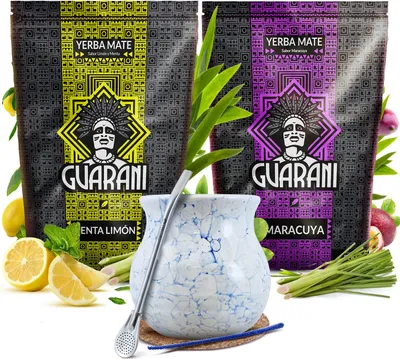 Image de Guarani - Coffret de thé maté Menthe-Citron, Maracuja 2 x 500 g - Tasse à maté en céramique Celeste 375 ml - Bombilla - Saveur fumée - Yerba maté intense - Paraguay