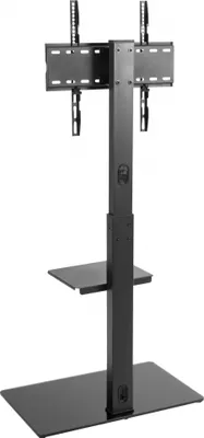 A black TV stand with a base, a vertical pole, a shelf, and a TV mount.