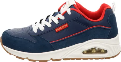 A side view of a blue Skechers sneaker with red accents.