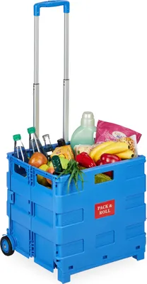 Zdjęcie produktu dla Wózek na zakupy Relaxdays, składany wózek z kółkami i teleskopową rączką, do 35 kg, składana pomoc przy zakupach, wózek na kółkach, niebieski
