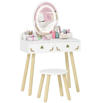 Produktbild von Kinderschminktisch – 2-in-1 Kinderschminktisch/Schreibtisch – mit dreifarbigem LED-Spiegel und Hocker – Maße: 60 x 30 x 99,3 cm – Weiß