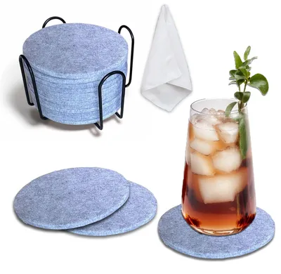 Produktbild von Untersetzer aus Filz rund für Gläser, Set von 12, graue Untersetzer mit Halter