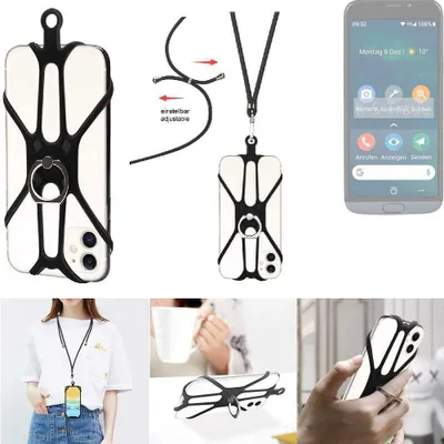 Produktbild von K-S-Trade 3in1 Handykette Handyband Handykordel Halsband Smartphone-Ring Handy-Ring kompatibel mit Doro 8050 Fingerhalterung Handyring Tischständer