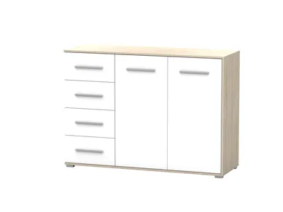Produktbild von 2er-Set Schwebetürenschrank Schrank Kleiderschrank mit Spiegel Sonoma Eiche/Weiß 120cm Neomi 05 mit Kommode 135cm FRIDA 01