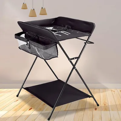 Image de Table à langer pliable avec ceinture de sécurité et panier de rangement, réglable en hauteur, dimensions : 80 x 66 x 98 cm, couleur : noir