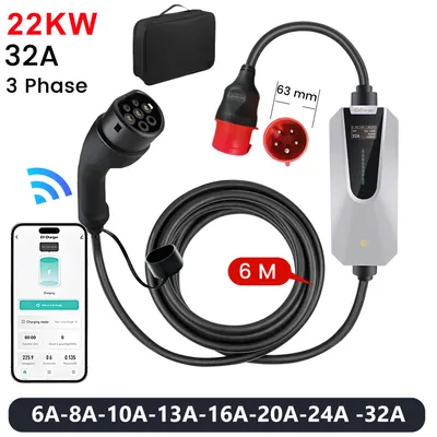 Produktbild von Hexinex 22kW 3-Phase 32A Type 2 Elektroauto-Ladegerät mit 6m Kabel – Intelligente Wallbox für E-Autos, IP65, App-Steuerung, Schnellladung