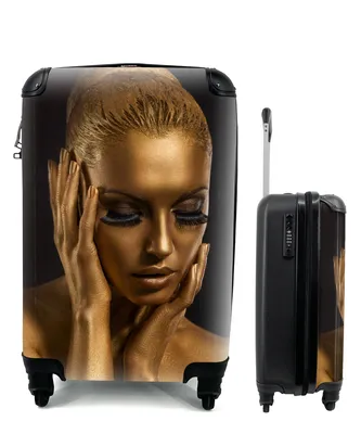 Produktbild von MuchoWow® Koffer Handgepäck Trolley Rollkoffer Kleine Reisekoffer mit 4 Rollen - Gold - Frau - Schwarz und Gold - Cabin Size < 55x40x23 cm & 55x40x20 cm - Fotokoffer - Kabinenkoffer - Boardgepäck - Reise-Box - Reisekoffer - Reisegepäck - Koffer mit Bild - Trolley für Kinder