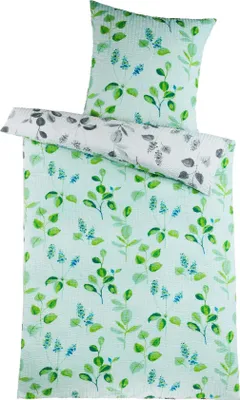 Produktbild von Seersucker Bettwäsche 135x200 Blumen Grau Grün, Mikofaser Sommer Bettbezug Floral