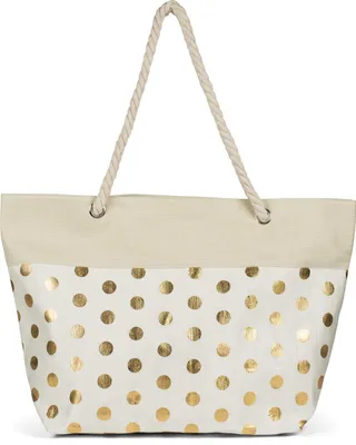 Produktbild von styleBREAKER Große Strandtasche mit Metallic Punkte Print | Damen Shopper mit Kordelhenkel und Reißverschluss | Badetasche im Boho Look | 56 x 38 x 17 cm